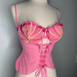 Cute Baby Pink Lingerie Mesh Corset Tank Top with Green detailing